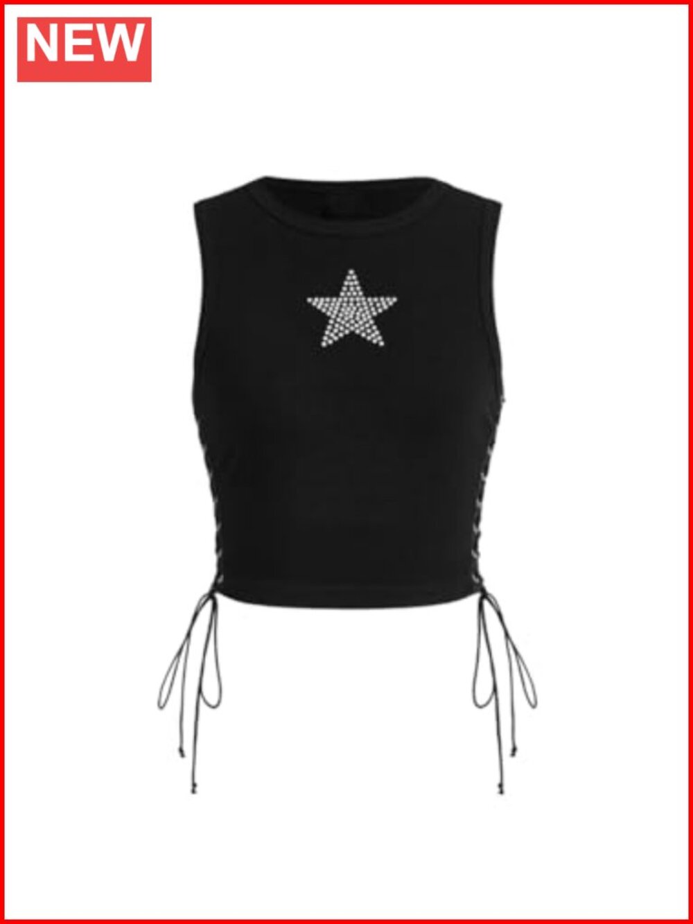 Sleeveless Star Rhinestone Lace Up Slim Fit Ribbed Knit Crop Tank Top